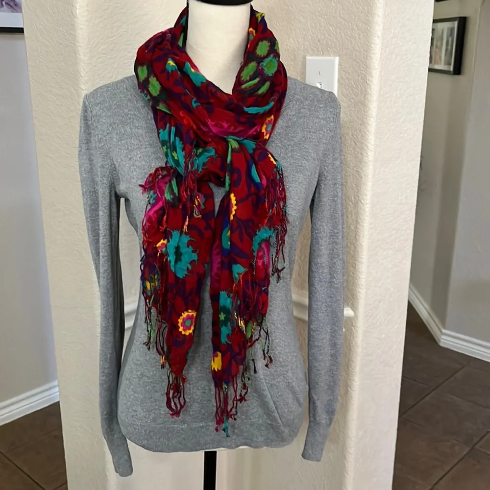 Red floral with fringe scarf